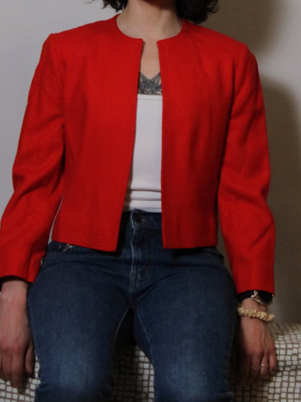 1980s Vintage Pendleton Women Pure Virgin Wool Cropped Blazer Jacket Red Petite